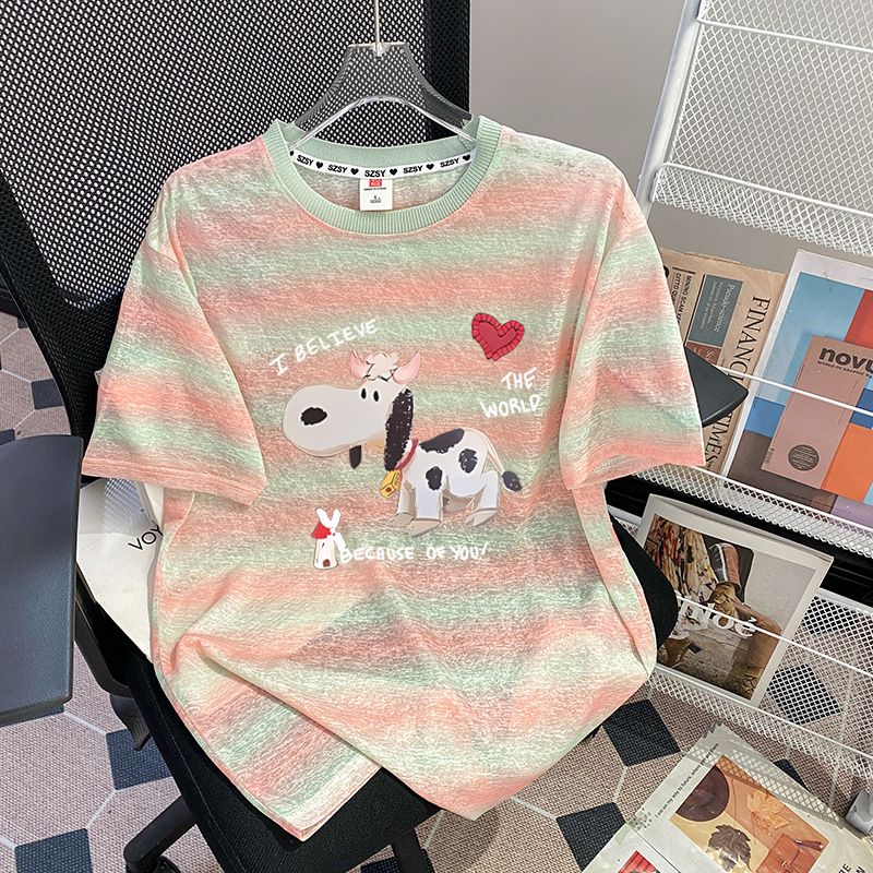 FA35464# 原版质量+罗纹领+包边拉肩特大码300斤条纹短袖t恤女 服裝批發女裝批發服飾貨源