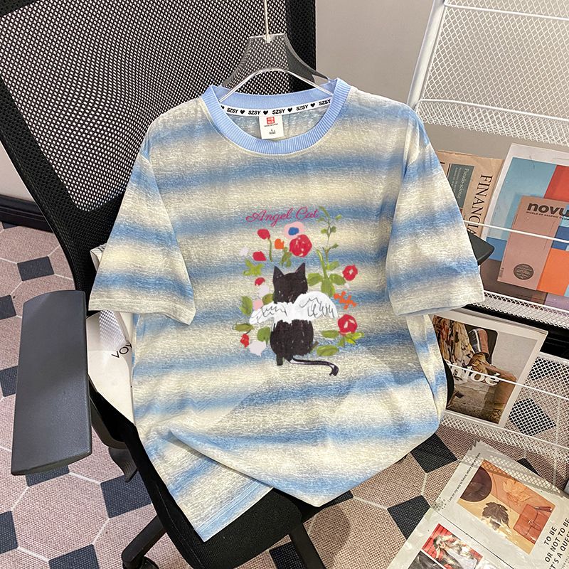 FA35462# 原版质量+罗纹领+包边拉肩特大码300斤条纹短袖t恤女 服裝批發女裝批發服飾貨源