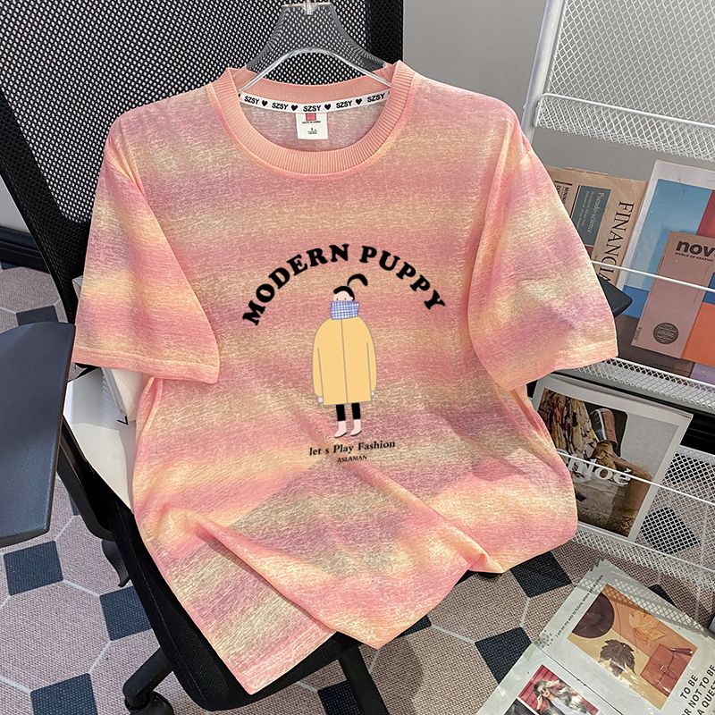 FA35463# 原版质量+罗纹领+包边拉肩特大码300斤条纹短袖t恤女 服裝批發女裝批發服飾貨源