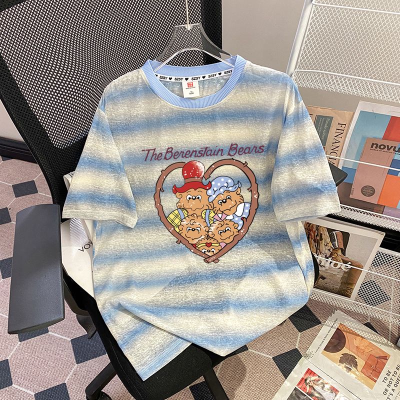 FA35461# 原版质量+罗纹领+包边拉肩特大码300斤条纹短袖t恤女 服裝批發女裝批發服飾貨源