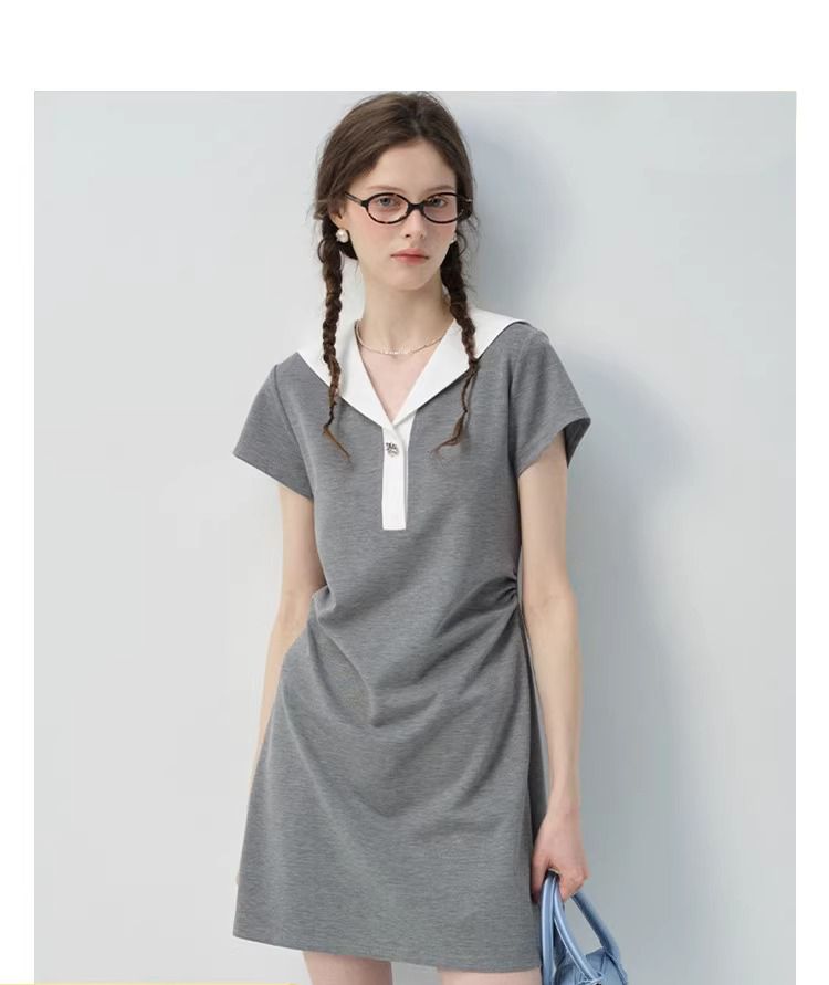 FA35460# 纯棉1*1夏季新款学院风海军领抽褶显瘦收腰短裙女 服裝批發女裝批發服飾貨源