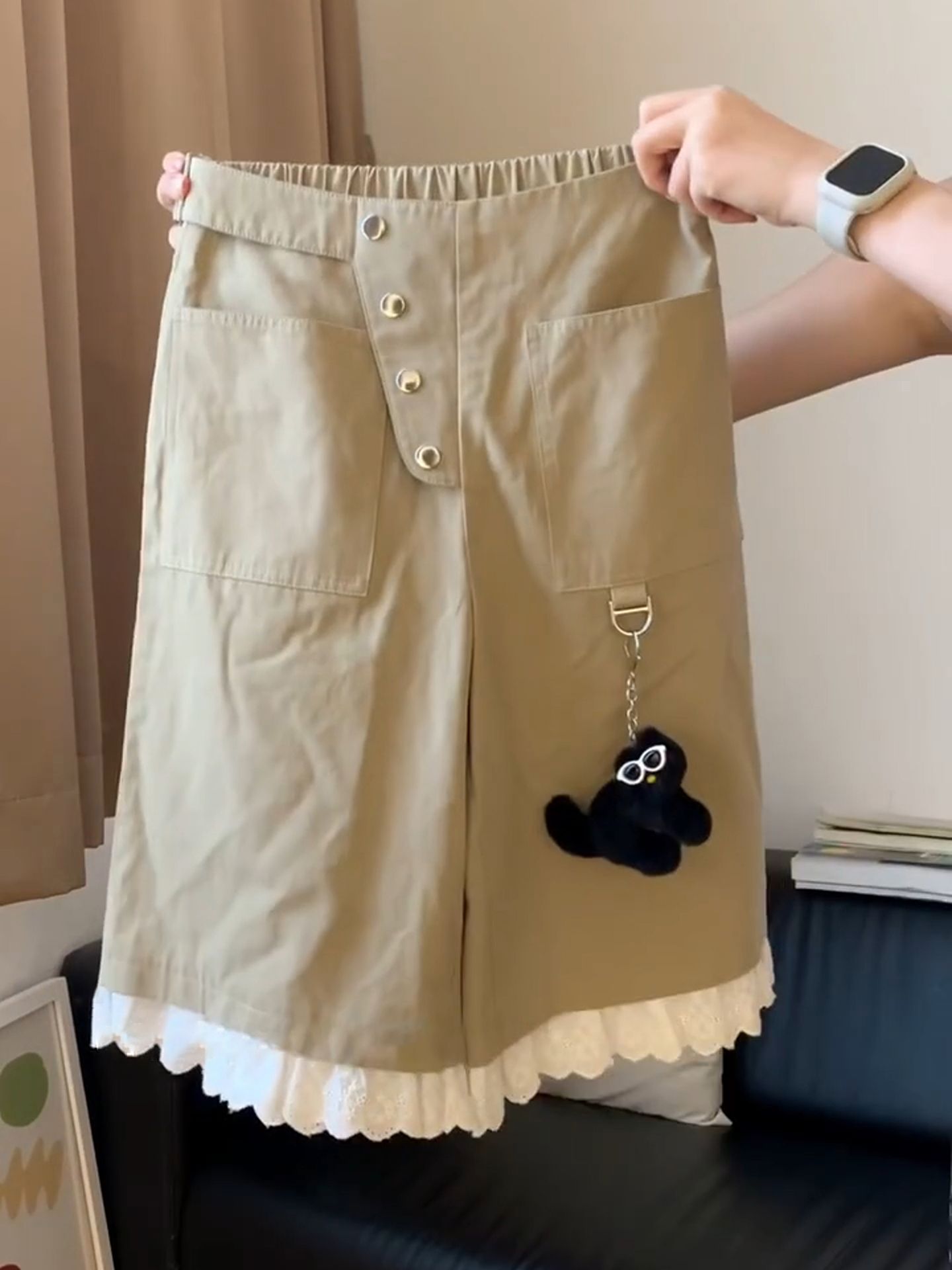 FA35459# 卡其色蕾丝花边拼接高腰直筒五分休闲裤女夏小众阔腿中裤 服裝批發女裝批發服飾貨源