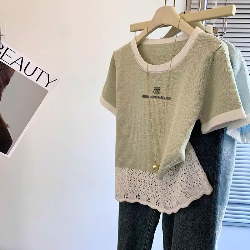 FA35455# 原版质量宽松大尺寸小众撞色蕾丝拼接短袖针织衫女夏 服裝批發女裝批發服飾貨源