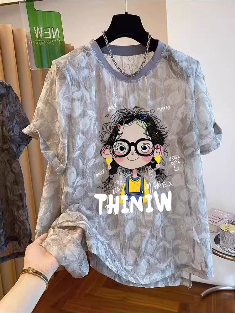 FA35457# 原版质量特大码300斤微透夏季超薄款短袖防晒t恤女 服裝批發女裝批發服飾貨源