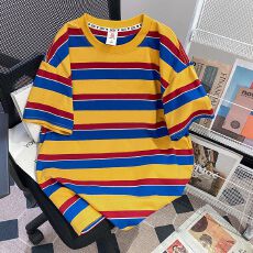 批发【实拍 95棉色织条+领索罗<b class='q'>纳</b>+包边拉肩】特大码300斤条纹短袖t