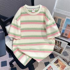 批发【实拍95棉色织条+领索罗<b class='q'>纳</b>+包边拉肩】特大码300斤条纹短袖t恤