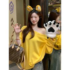 批发原版400克大尺寸 黄色一字露肩慵懒针织衫斜领蝙蝠袖<b class='q'>宽松</b>长袖上衣