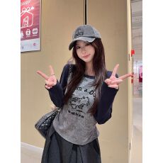 批发实拍260克人棉长袖t恤打底衫女薄款秋新款<b class='q'>短款</b>修身插肩袖圆领上衣