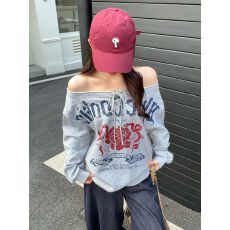 批发实拍长袖<b class='q'>t</b><b class='q'>恤</b>卫衣女薄款潮2025新款春秋印花复古绑带宽松斜领上衣