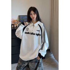 批发印图款大码女装200斤长袖<b class='q'>t</b><b class='q'>恤</b>卫衣女薄新款春秋条纹宽松POLO领上衣