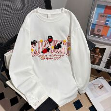 批发实拍220克纯棉长袖<b class='q'>t</b><b class='q'>恤</b>打底衫男女薄款潮秋刺绣花中长宽松圆领上衣