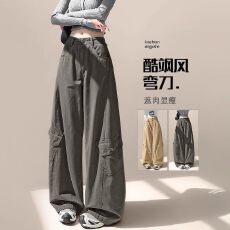 批发加绒军绿色工装<b class='q'>阔腿裤</b>女秋冬2025年新款高腰显瘦小个子弯刀运动<b class='q'>裤</b>