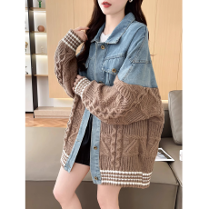 批发【抖音质量】<b class='q'>韩版</b>秋冬牛仔拼接Polo领针织开衫外套女装宽松休闲