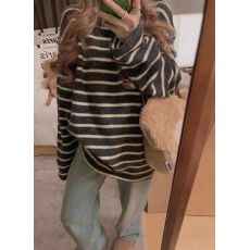 批发官图280克<b class='q'>兔毛</b>条纹长袖t恤打底衫女装春秋薄款刺绣花圆领上衣