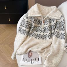 批发官图羊驼长毛长袖针织衫女装潮春秋提花<b class='q'>打底衫</b>POLO领保暖上衣