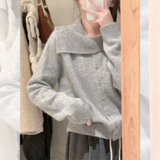 批发设计感小众灰色翻领羊毛针织衫女早秋气质别致<b class='q'>不规则</b>短款<b class='q'>开衫</b>上衣