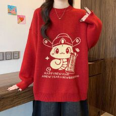 批发官图四根绵羊绒加厚大版型本命年红色毛衣女<b class='q'>秋</b>冬新年款针织衫