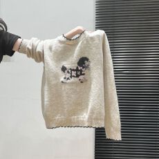 批发官图北极绒长袖上衣针织打底衫女<b class='q'>秋</b>冬刺绣蝴蝶结圆领保暖毛衣