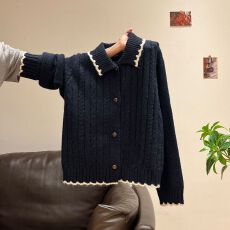 批发官图特绒长袖上衣针织衫女<b class='q'>秋</b>冬提花开衫外套POLO领保暖毛衣