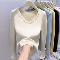 批发钉珠v领加绒加厚长袖针织毛衣女<b class='q'>秋</b>冬高级感修身打底衫绝美小上衣