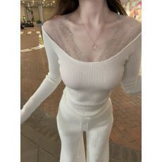 批发设计感重工烫钻<b class='q'>网纱</b>拼接打底衫女秋冬内搭纯欲性感露肩针织衫上衣