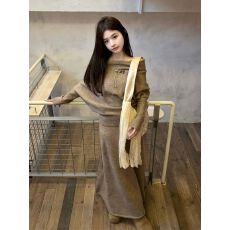 批发【加厚百花绒】秋冬斜肩针织<b class='q'>连衣裙</b>套装新款新年穿搭一整套长裙