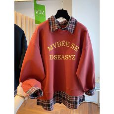 批发官图【华棉复牛奶丝/天鹅绒】特大码300斤格子拼接假两件<b class='q'>卫衣</b>女