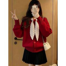 批发【原版绵<b class='q'>羊绒</b>】小个子冬季新年红色蝴蝶结波点领巾早春针织衫女