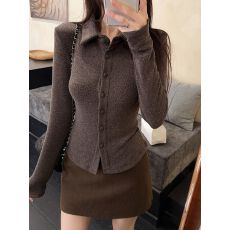 批发实拍310克山<b class='q'>羊绒</b>长袖t恤打底衫女春秋纯色开衫新款衬衫领上衣