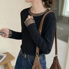 批发实拍 加绒蕾丝圆领拼纱<b class='q'>打底衫</b>女春秋冬内搭德绒磨毛<b class='q'>长袖</b>T恤