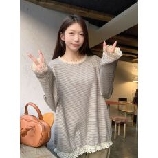 批发实拍280克仿<b class='q'>羊绒</b>长袖t恤打底衫女装薄款蕾丝花边春秋圆领上衣