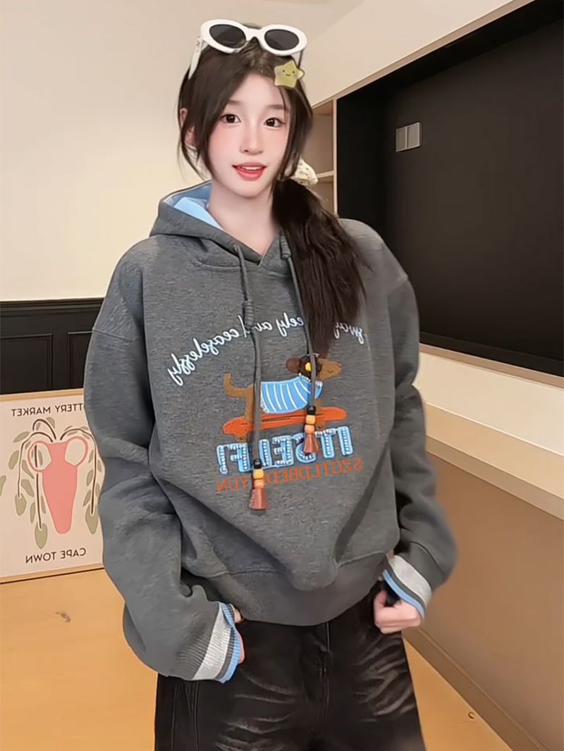 경관 그림 얇은 스타일 후드티 여성 2026 이른 봄 새로운 루즈핏 디자인 센스 강아지 자수 후드 한 첨부 된 의류