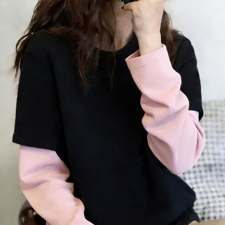 페이크 레이어드 1 1 리브 De 플러시 원본 솜씨 패치워크 페이크 레이어드 루즈핏 De 플러시 긴팔 티셔츠