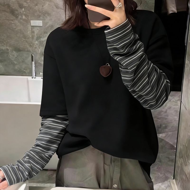 페이크 레이어드 1 1 리브 De 플러시 원본 솜씨 연삭 털 스트라이프 페이크 레이어드 긴팔 티셔츠 여성
