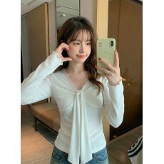 批发官图精品<b class='q'>羊绒</b>260克长袖t恤女春秋薄假两件蕾丝V领打底衫上衣