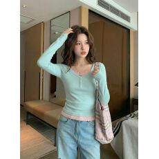 批发官图羊多莉羊绒260克长袖t恤<b class='q'>女</b>春秋新款假两件蕾丝花边打底衫