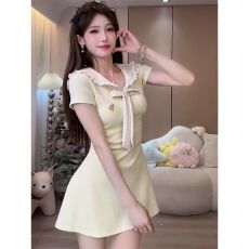 7官图泰森面料1*1螺纹棉短袖T恤裙子夏季海军蓝连衣群