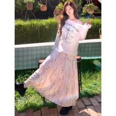 批发韩系粉色碎花裙子女夏季薄2026新款高腰a字中长裙温柔仙女蛋糕裙