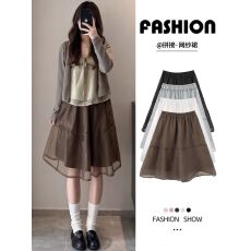 批发棕色网纱中裙女春夏2026新款绝美巨好看的半身裙小个子高腰a字裙