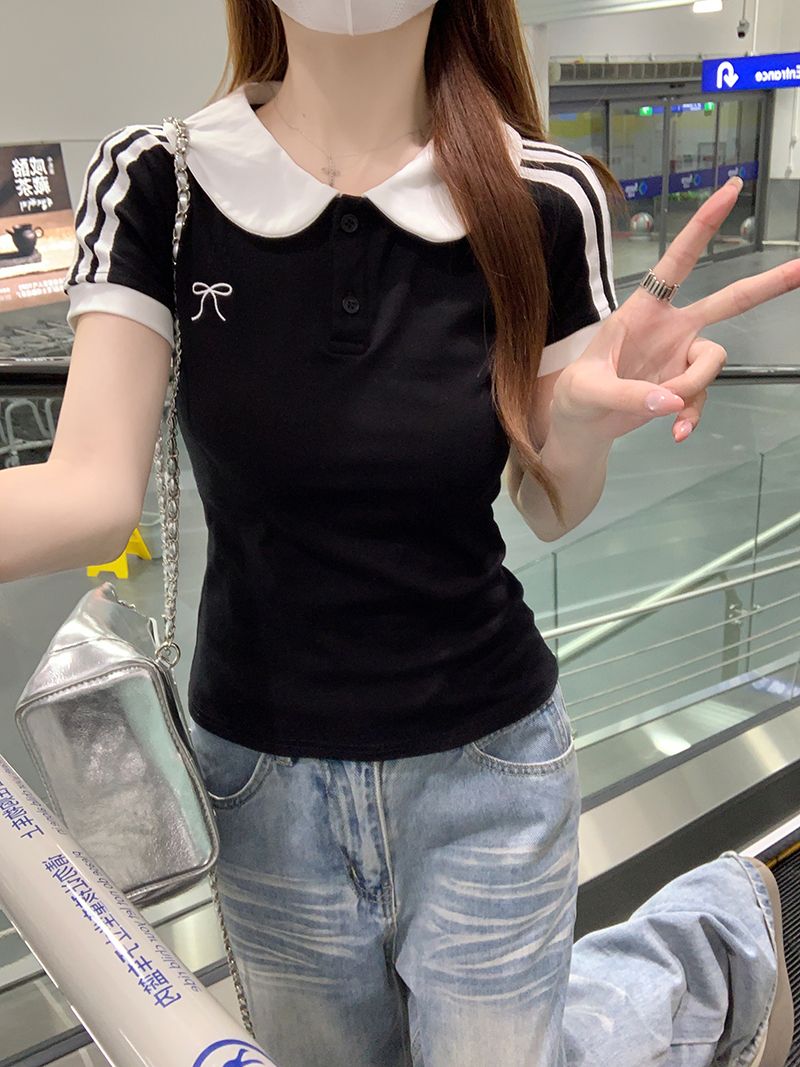 실사 1 1 리브 210 그램 반팔 티셔츠 여성 의류 여름 새로운 몸매 가꾸기 자수 배색 베이비 칼라 맨위