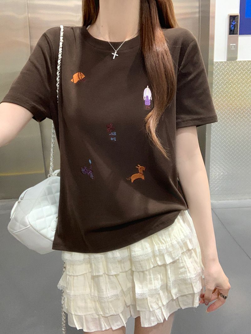 실사 1 1 순면 리브 210 그램 반팔 티셔츠 여름 한 부서 만화 자수 라운드 넥 맨위 여성 의류