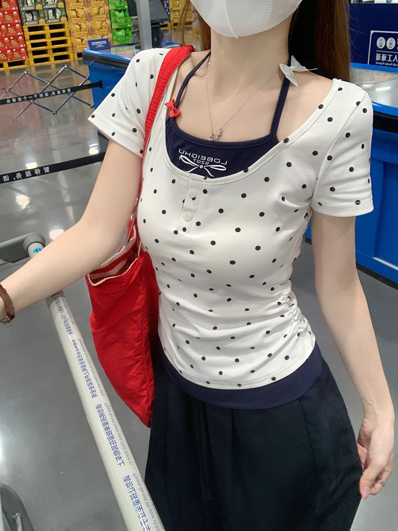 실사 1 순면 리브 210 그램 반팔 티셔츠 여성 의류 여름 새로운 한 부서 도트 무늬 페이크 레이어드 맨위