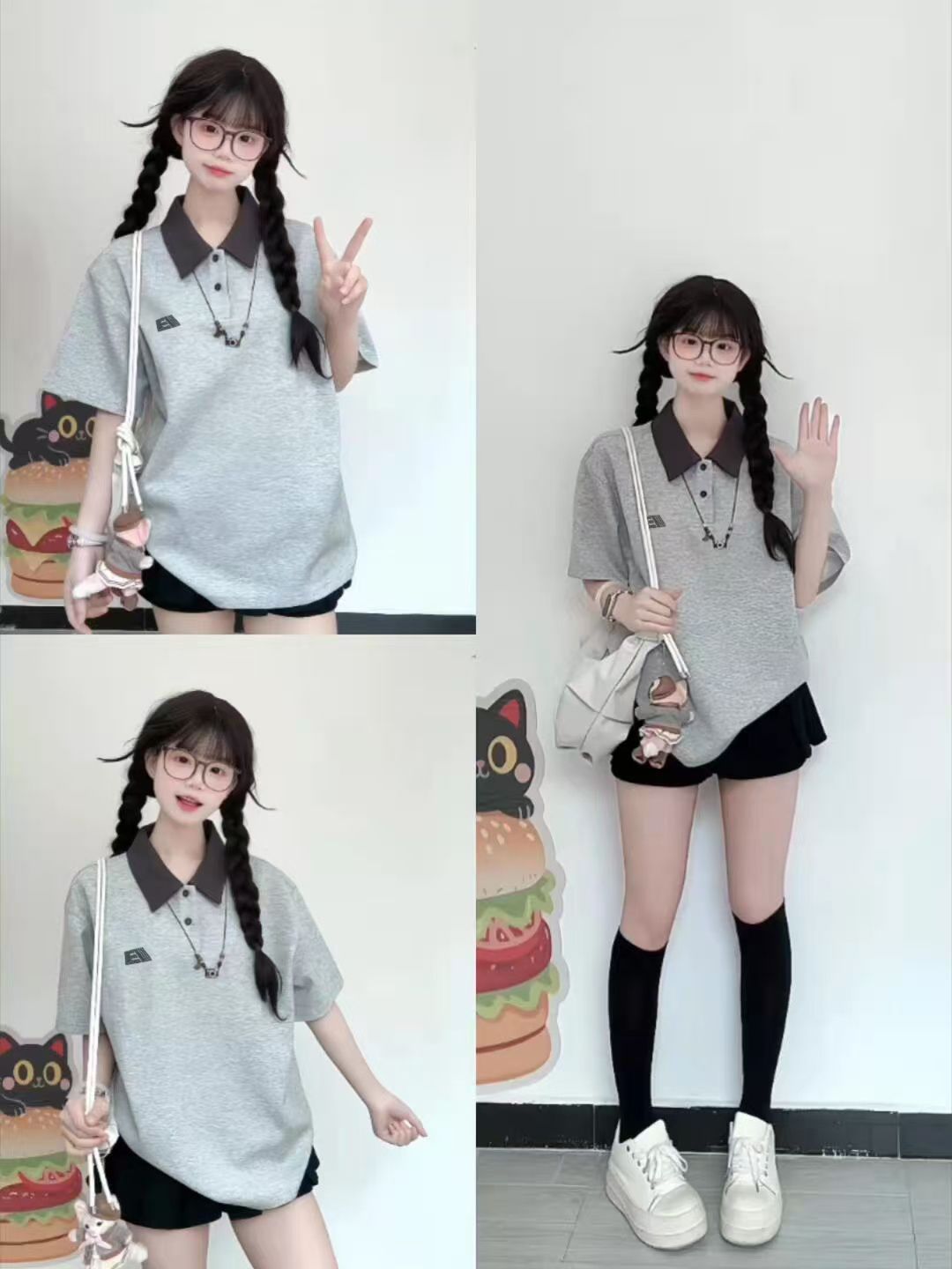 경관 그림 남자 바 면 220 그램 반팔 티셔츠 남녀 커플룩 여름 새로운 자수 배색 POLO 칼라 맨위