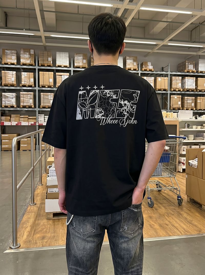 경관 그림 32 더블 실 순면 반팔 티셔츠 남녀 커플룩 여름 새로운 가시 자수 라운드 넥 맨위