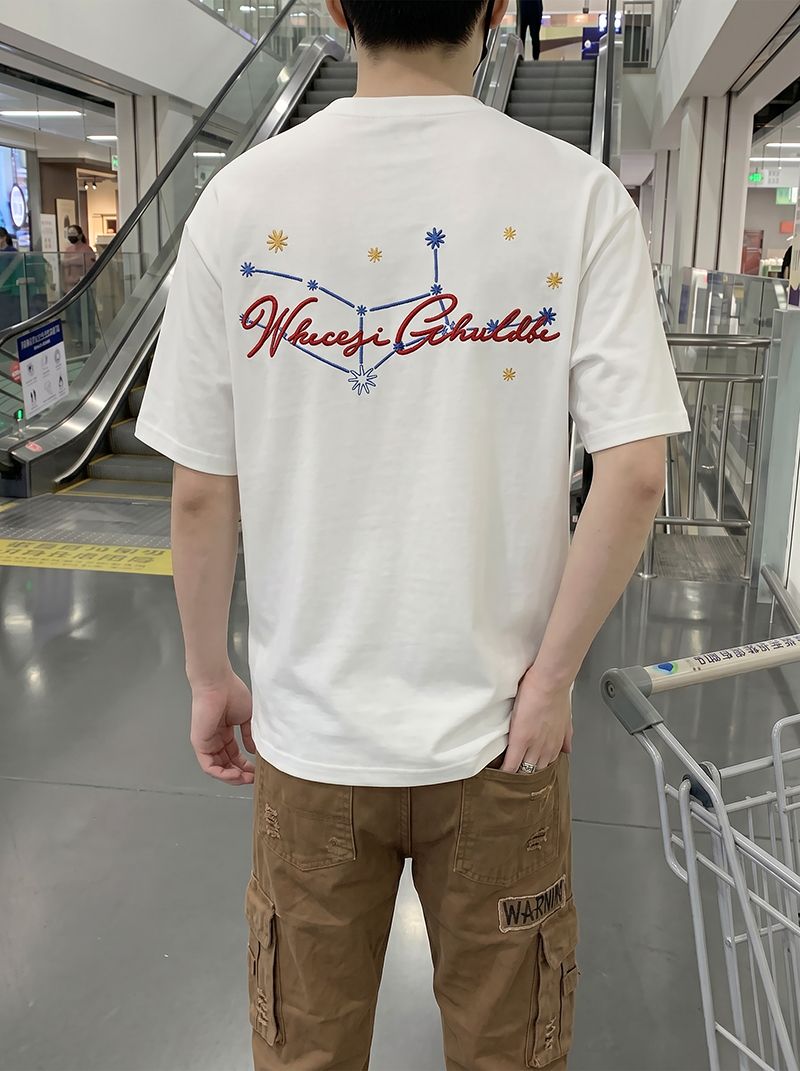 경관 그림 32 더블 실 순면 반팔 티셔츠 남녀 커플룩 여름 새로운 가시 자수 라운드 넥 맨위