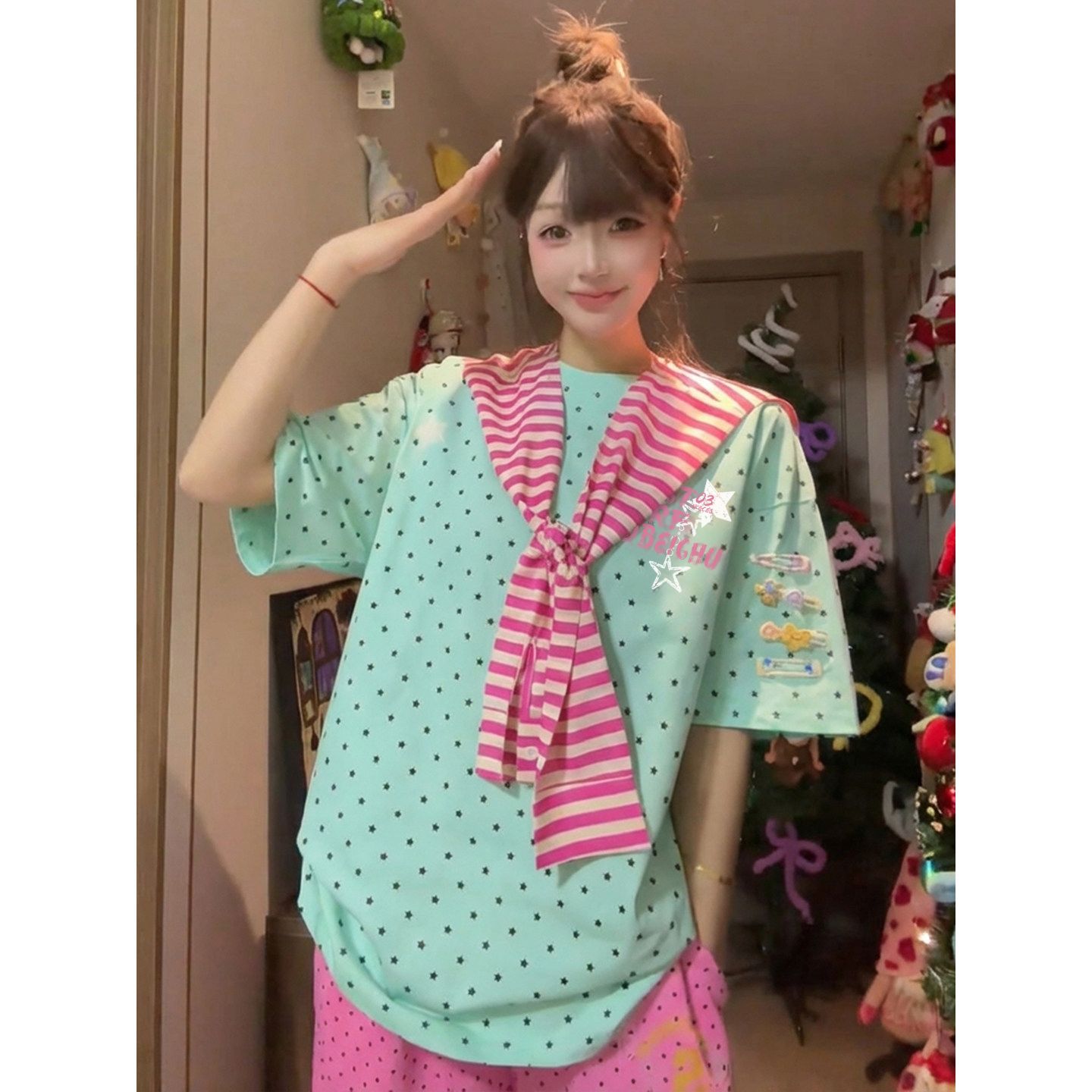 경관 그림 32 더블 실 순면 반팔 티셔츠 여성 의류 여름 새로운 도트 무늬 탈착식 숄 라운드 넥 맨위