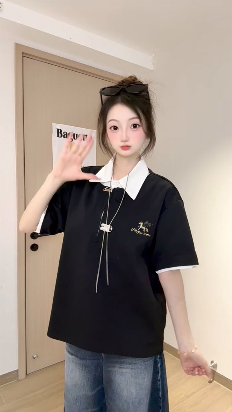 경관 그림 남자 바 면 220 그램 반팔 티셔츠 여성 의류 여름 트렌디 새로운 루즈핏 가시 자수 POLO 칼라 맨위