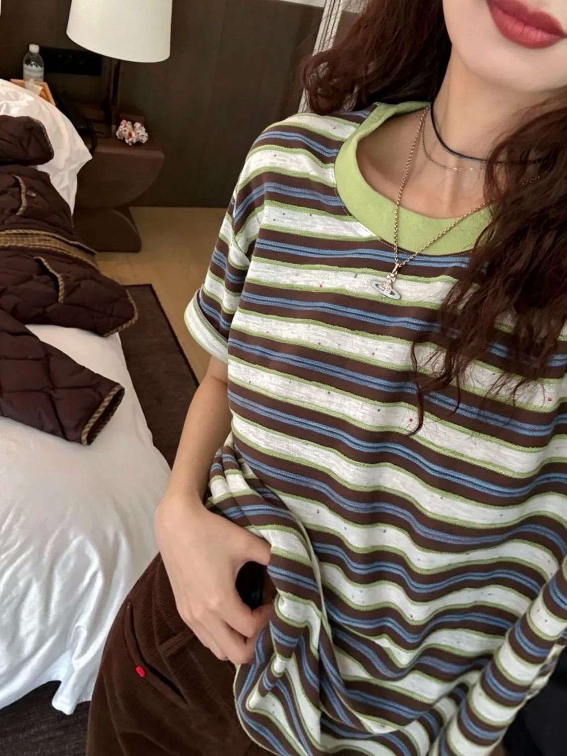 원본 원단 고유 한 배색 스트라이프 반팔 티셔츠 여성 한 부서 루즈핏 캐주얼 Chic 여성 의류