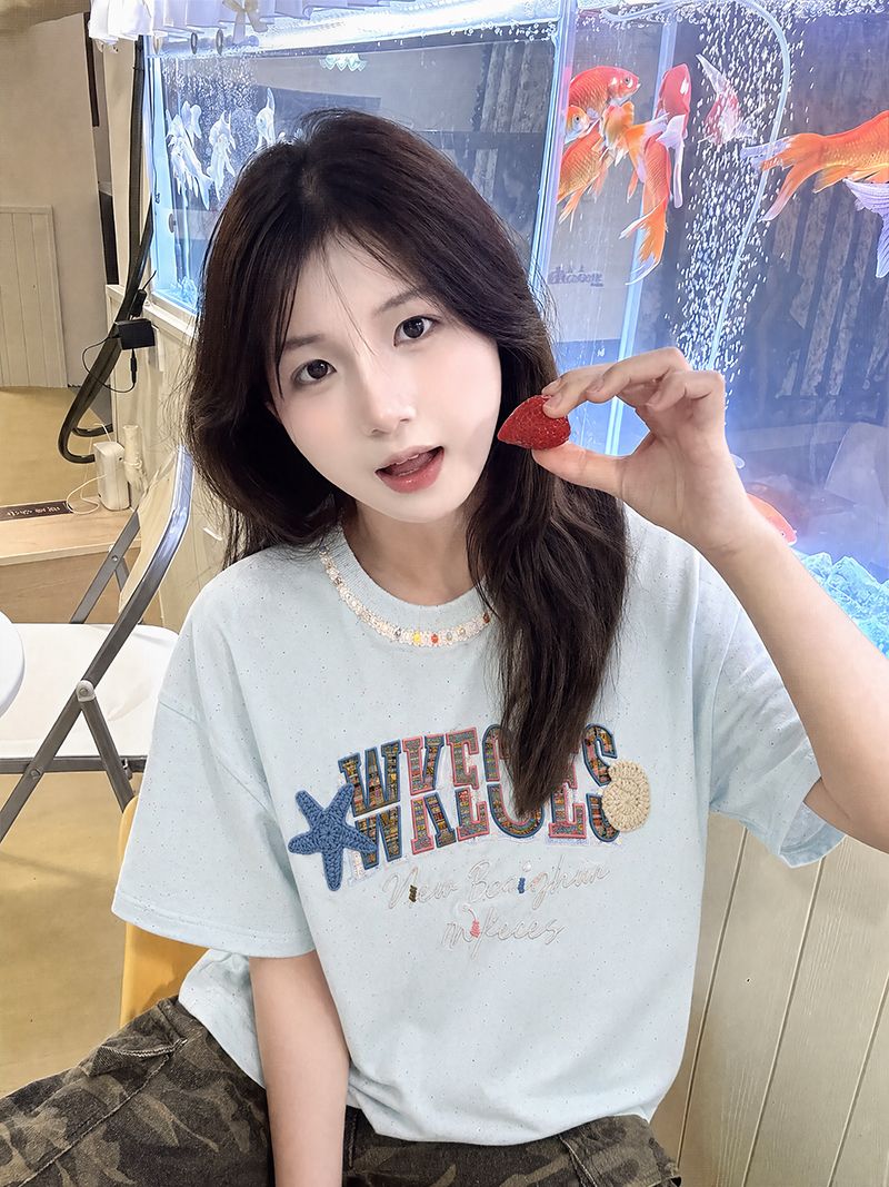 경관 그림 반팔 티셔츠 여성 여름 새로운 한 부서 중간 길이 루즈핏 디자인 센스 색상 포인트 가시 자수 라운드 넥 맨위