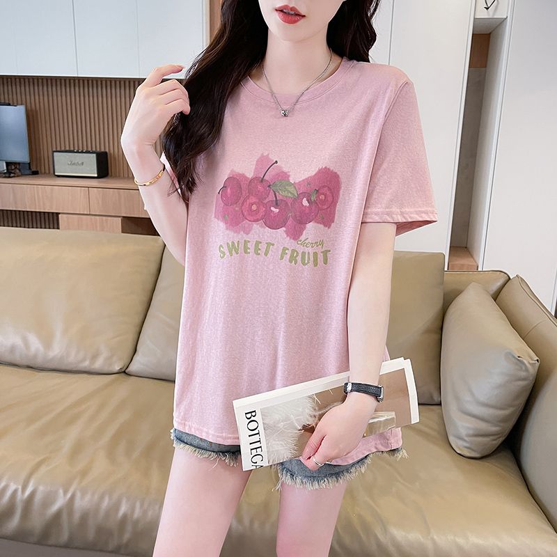 실사 눈꽃 면 티셔츠 여성 라운드 넥 반팔 여름 새로운 한국 스타일 프린트 빅 사이즈 루즈핏 ins 맨위 서비스